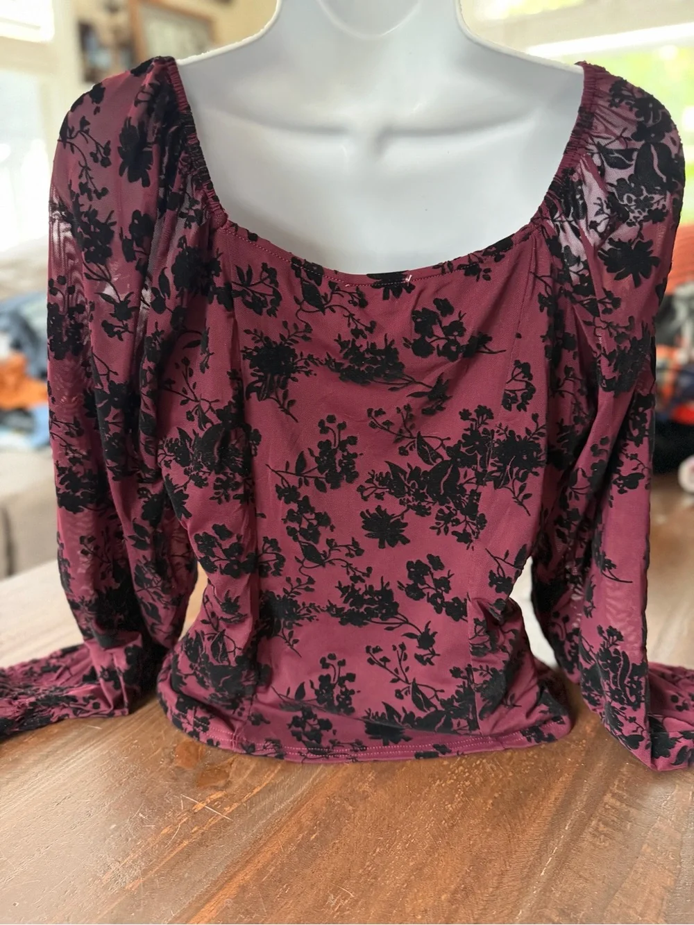 NWT Burgundy Floral Peasant Blouse with Black Burnout Print - XL - Picture 4 of 7